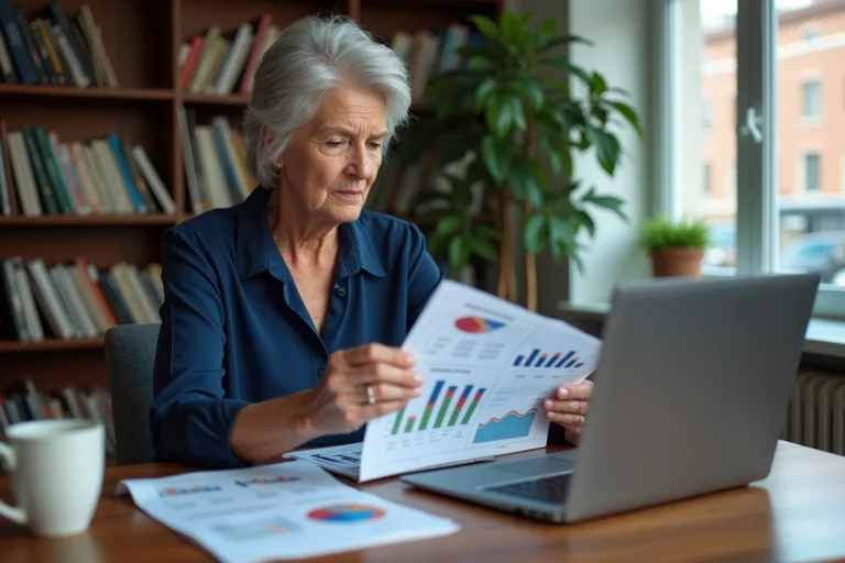 Femme de 55 ans analysant un simulateur viager sur Excel avec des tableaux imprimés dans un bureau à domicile