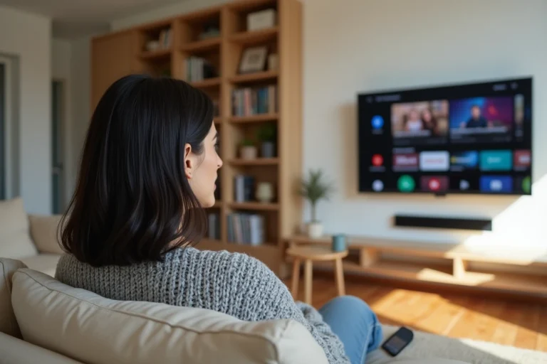 Femme regardant un service de streaming vidéo sur sa télévision dans un salon confortable