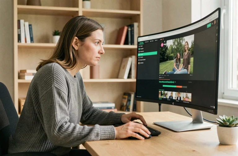 Femme utilisant un logiciel de téléchargement vidéo sur un ordinateur de bureau à domicile en 2024