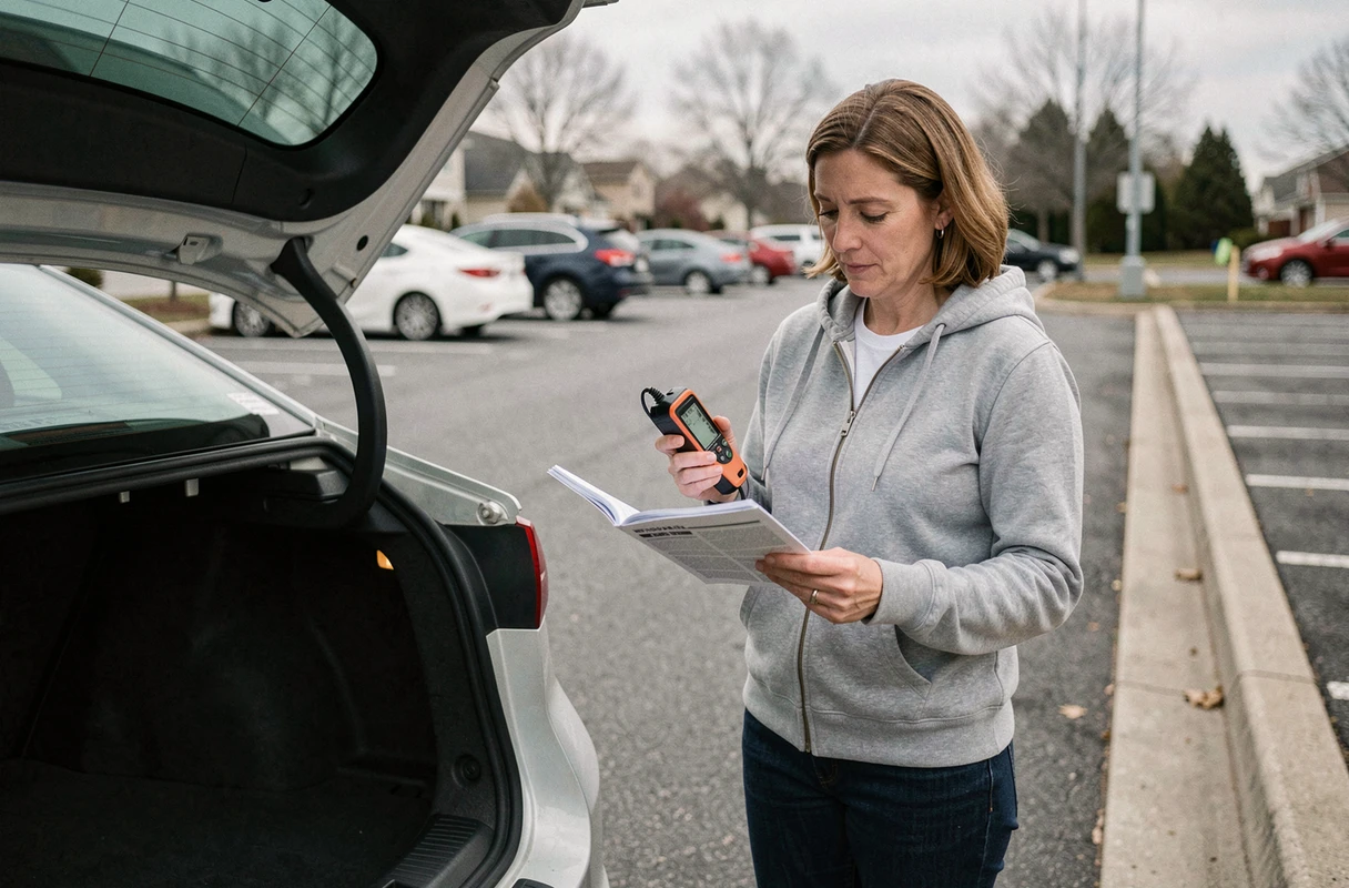 Femme vérifiant la batterie de son véhicule avec un testeur dans un parking de banlieue, manuel du Renault Austral en main