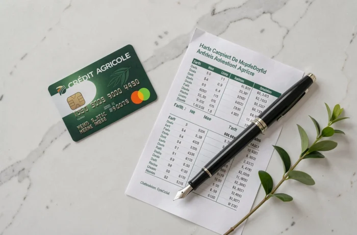 Flat-lay d'une carte bancaire Crédit Agricole avec tableau de tarifs et stylo sur marbre blanc