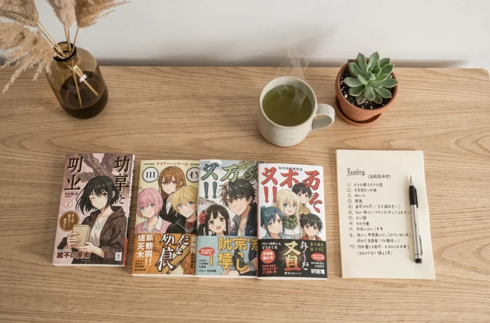 Flat lay de mangas célèbres posés sur un bureau en bois avec thé vert et carnet de lecture manuscrit