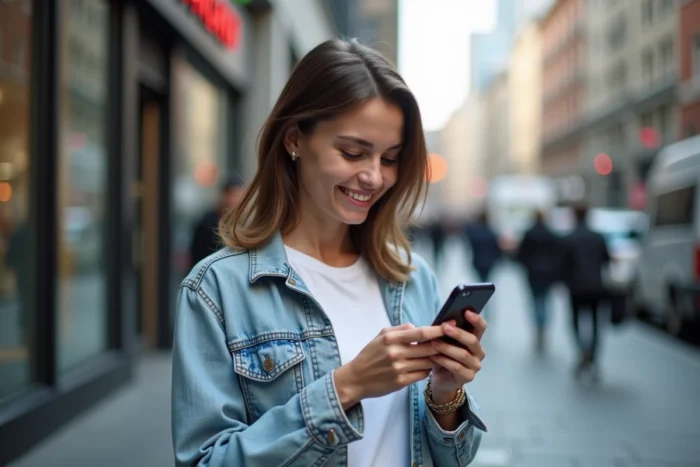 Une jeune femme utilisant l'application mobile Floa Bank sur son smartphone dans une rue urbaine