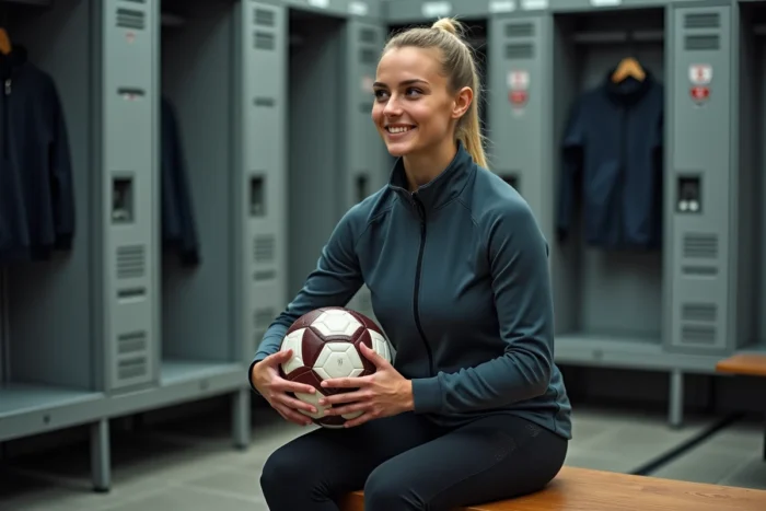 Footballeuse professionnelle dans un vestiaire de stade tenant un ballon, ambiance sport féminin élite