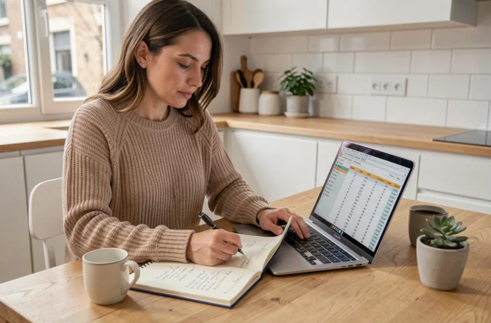 Femme gérant son budget personnel sur un ordinateur portable dans une cuisine moderne, avec un carnet de notes financières