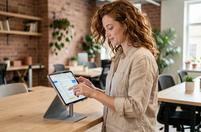 Une jeune professionnelle consulte ses emails académiques sur une tablette dans un espace de coworking