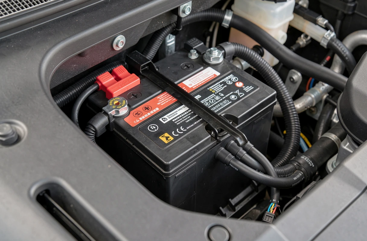 Gros plan sur la batterie dans le compartiment moteur d'un SUV compact moderne similaire au Renault Austral avec bornes rouge et noir visibles