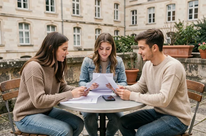 Groupe d'étudiants comparant leurs emplois du temps sur le campus de l'université d'Angers