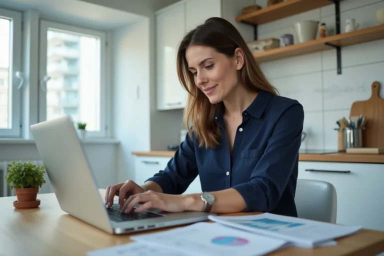 Une femme consultant des documents financiers et un ordinateur portable à sa table de cuisine pour obtenir un crédit rapide