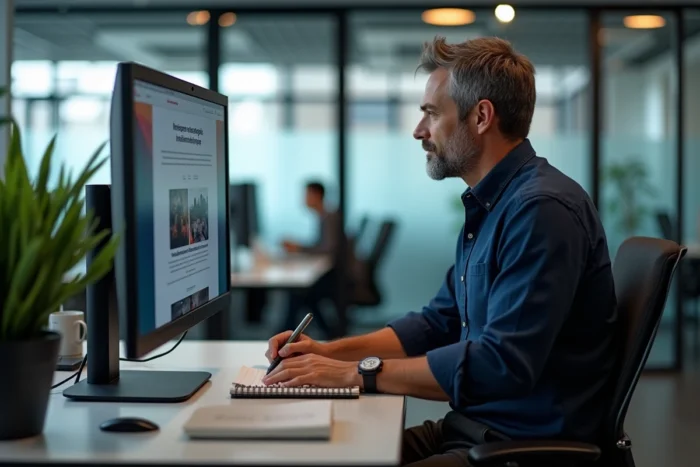Homme consultant et partageant l'actualité en ligne depuis son bureau dans un espace de travail moderne