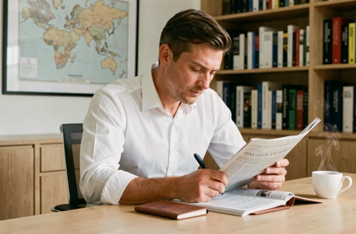 Homme d'affaires concentré lisant un journal économique et prenant des notes dans un bureau privé élégant