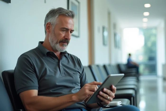 Homme consultant une application de gestion du diabète sur tablette dans une salle d'attente médicale