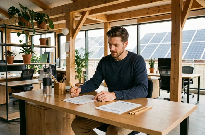 Homme analysant un bilan carbone dans un bureau éco-responsable avec matériaux durables et plantes vertes