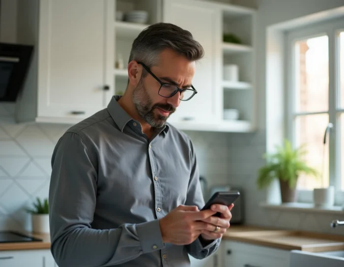 Homme consultant sa correspondance avec la CAF sur smartphone dans une cuisine moderne