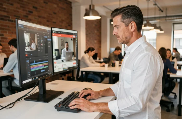Homme en espace de coworking utilisant un logiciel de capture vidéo sur double écran