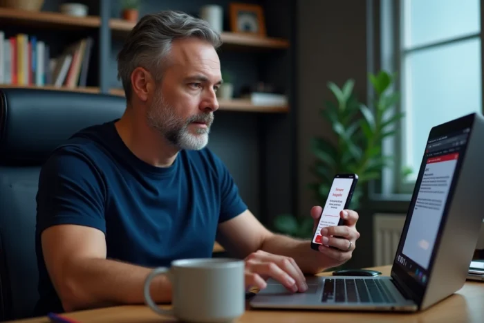 Homme cherchant une solution à un problème Disney Plus sur smartphone et ordinateur portable