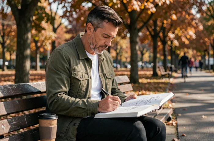 Homme dessinant dans un carnet de croquis sur un banc dans un parc urbain en automne