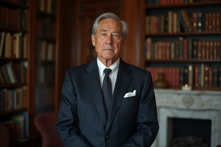 Portrait d'un homme distingué en costume sombre dans un intérieur parisien élégant avec bibliothèque