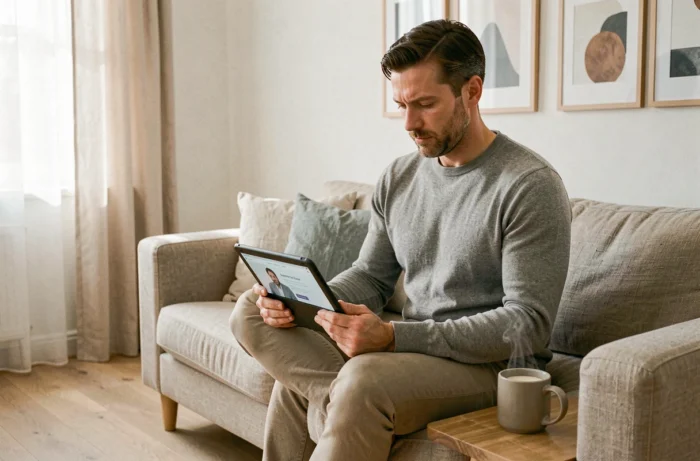 Homme adulte suivant une formation professionnelle en ligne sur une tablette depuis son salon au style scandinave