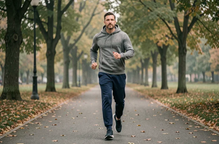 Homme courant dans un parc en automne dans le cadre d'une routine sportive pour perdre du poids durablement