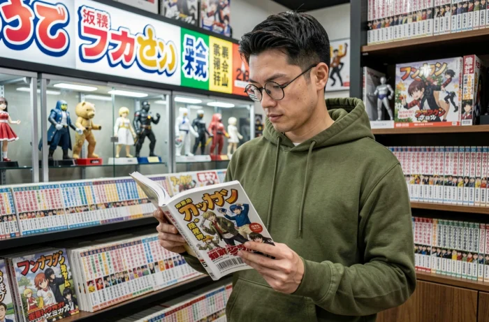 Homme portant des lunettes consultant un manga dans un magasin de culture japonaise moderne