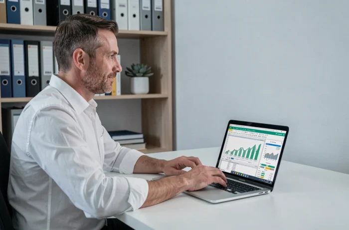Homme travaillant sur un tableur de finances personnelles avec graphiques d'épargne sur ordinateur portable dans un bureau à domicile
