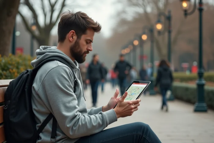 Homme consultant le plan PDF de Disneyland sur une tablette assis sur un banc dans le parc