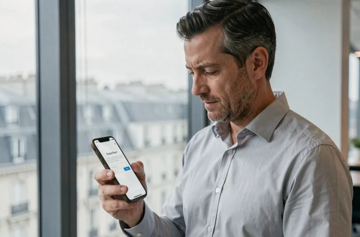 Homme consultant son téléphone pour réinitialiser son mot de passe sur un portail intranet municipal