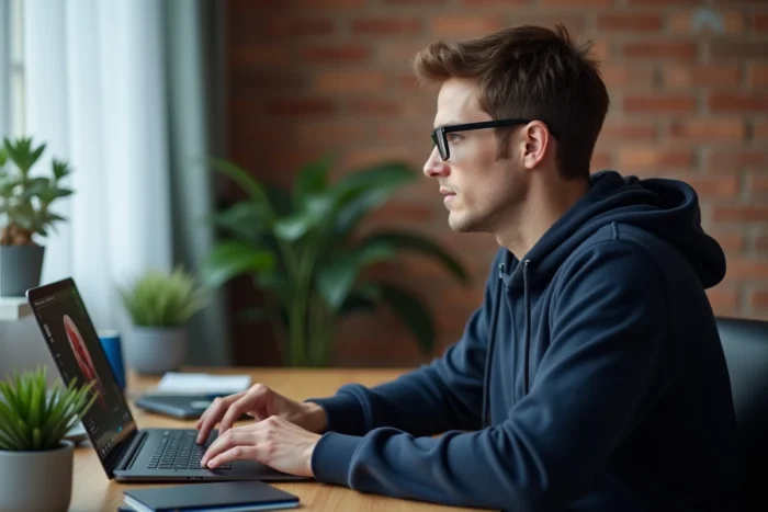 Homme regardant une plateforme de streaming vidéo sur son ordinateur portable dans un bureau à domicile