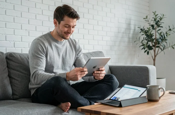 Homme consultant un plan de site web sur une tablette dans un salon moderne et minimaliste