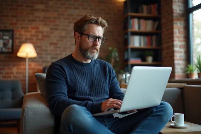 Homme en télétravail consultant le plan de navigation du site Business Hack sur son ordinateur portable