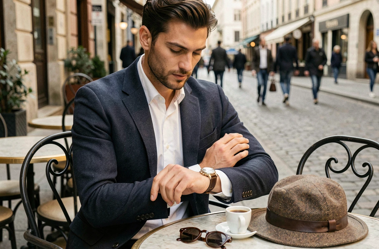 Homme élégant en blazer marine ajustant sa montre en cuir à la terrasse d'un café européen, avec chapeau et lunettes de soleil comme accessoires tendance