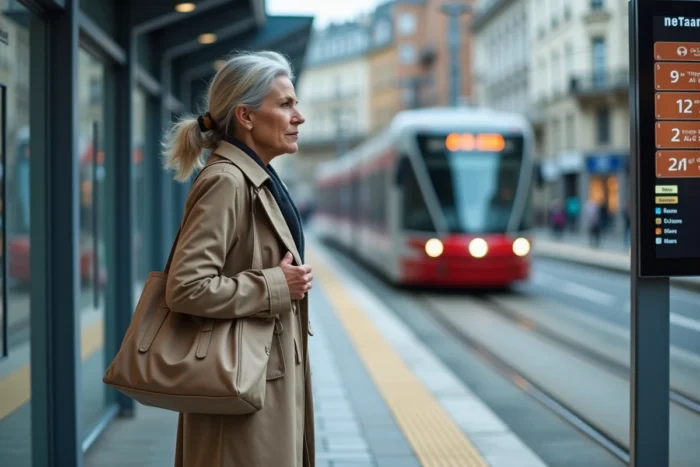 Femme consultant les horaires du tram ligne 2 sur un panneau d'affichage à un arrêt de Nantes