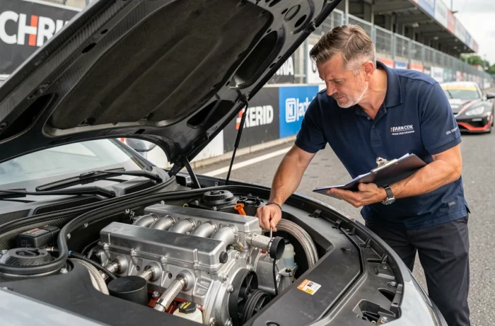 Ingénieur motorsport analysant un moteur forgé turbocompressé dans le stand d'un circuit automobile