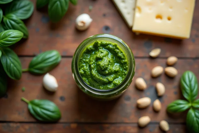 Pot de pesto maison ouvert entouré d'ingrédients frais comme le basilic, le parmesan et l'ail, avec un livre de grossesse en arrière-plan