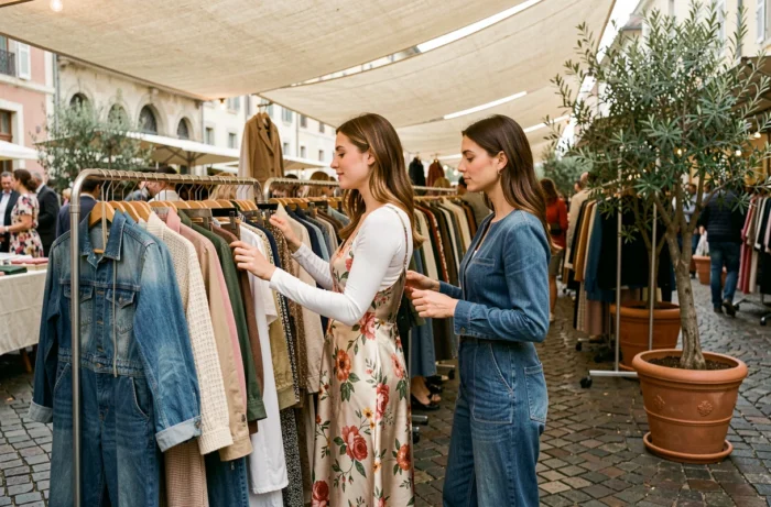 Deux femmes explorant des vêtements tendance sur un marché de mode en plein air avec pavés et ambiance européenne, inspirations mode printemps