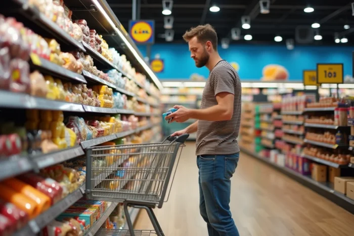 Intérieur d'un magasin Lidl en Corse avec un client consultant les rayons et produits en promotion