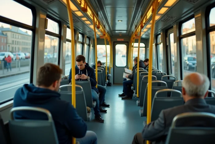 Intérieur du tram ligne 2 de Nantes avec des passagers assis et le paysage urbain visible par les fenêtres