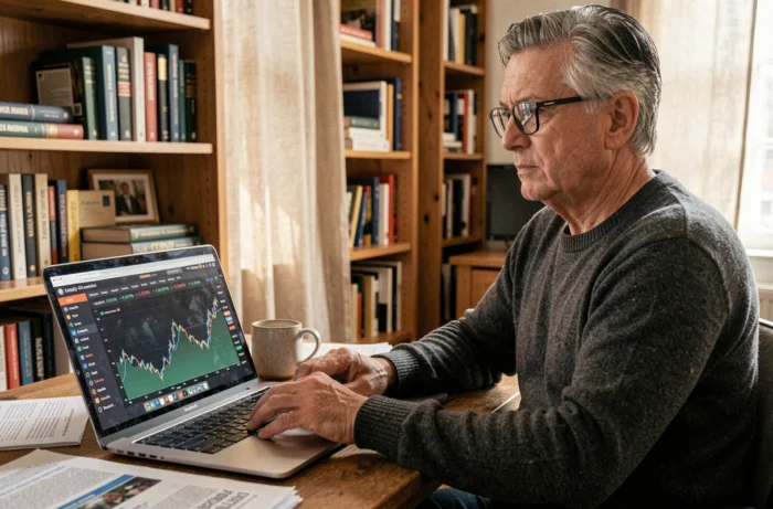 Investisseur particulier analysant un tableau de bord d'indices boursiers européens sur un ordinateur portable dans un bureau à domicile