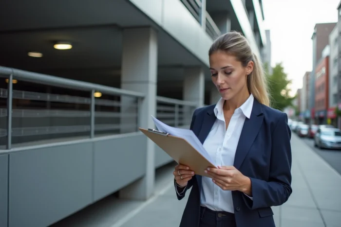 Investisseuse immobilière devant un parking moderne évaluant un dossier fiscal d'amortissement