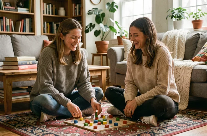 Deux femmes jouant à un jeu de société sur un tapis dans un salon convivial, idée de loisir convivial à la maison