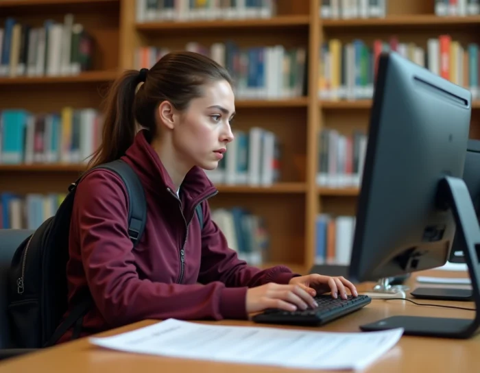Jeune femme rédigeant un email à la CAF depuis un ordinateur dans une bibliothèque municipale