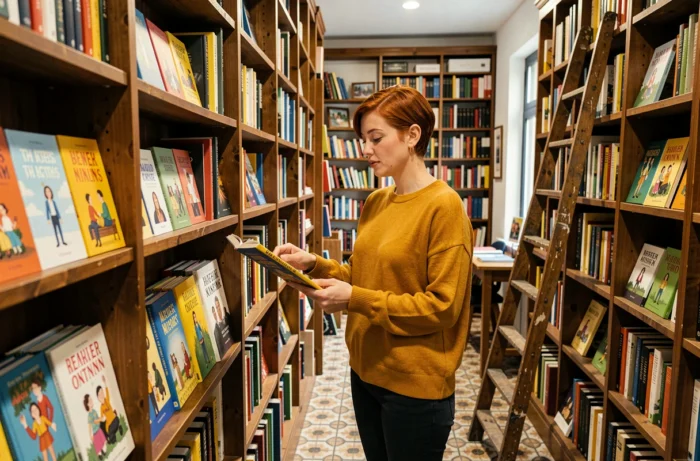 Jeune femme explorant une librairie indépendante remplie de livres illustrés colorés sur des étagères en bois