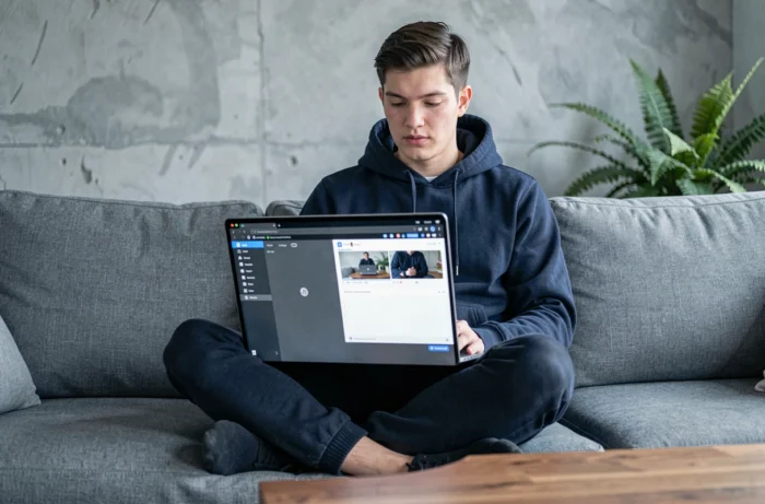 Jeune homme enregistrant une vidéo en ligne depuis son canapé avec un ordinateur portable