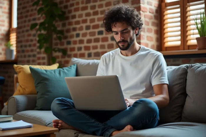 Un jeune salarié en CDI recherche des solutions de financement de formation professionnelle sur son ordinateur portable depuis chez lui
