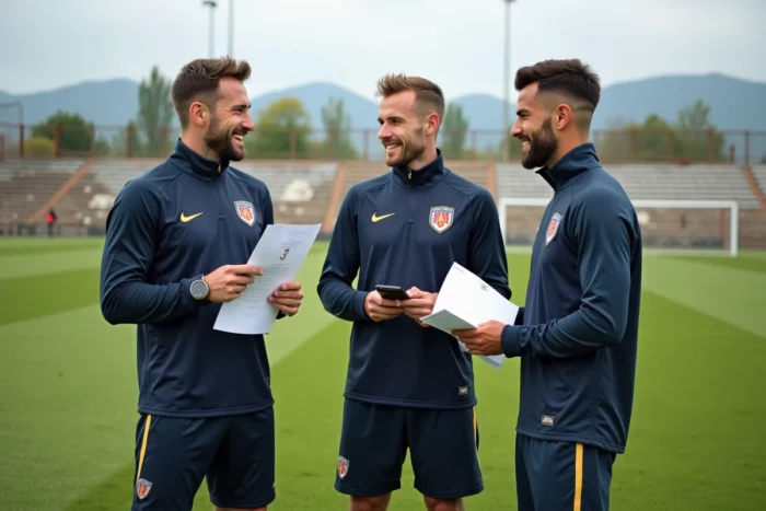 Joueurs de football discutant d'un changement de club sur le bord d'un terrain en Haute-Loire