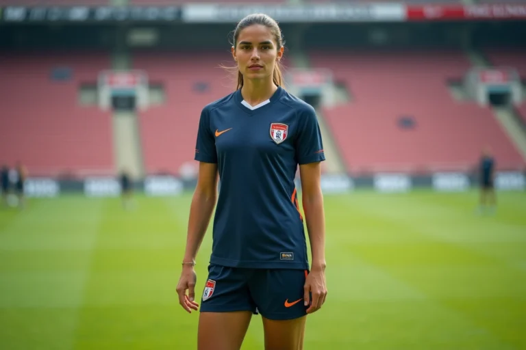 Joueuse de football féminin professionnelle sur un terrain de football, portrait sportif en maillot officiel
