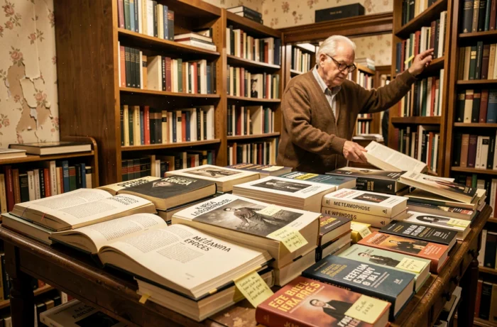 Libraire rangeant des œuvres de Kafka dans une librairie ancienne pleine de livres annotés