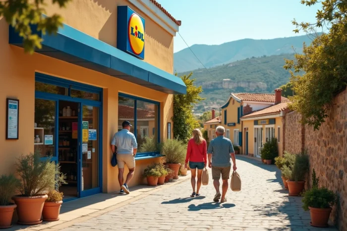 Entrée d'un Lidl en Corse du Sud avec une famille et l'architecture typique du village corse en arrière-plan