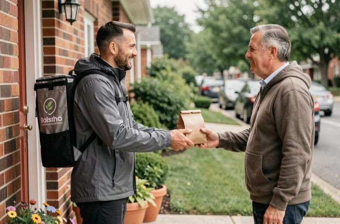 Livreur remettant une commande à un client à la porte de sa maison